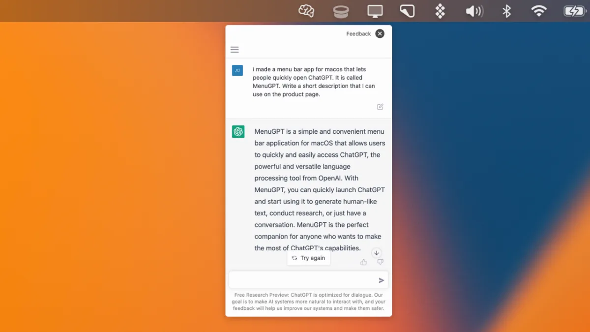 Preview of ChatGPT on your Mac and menubar