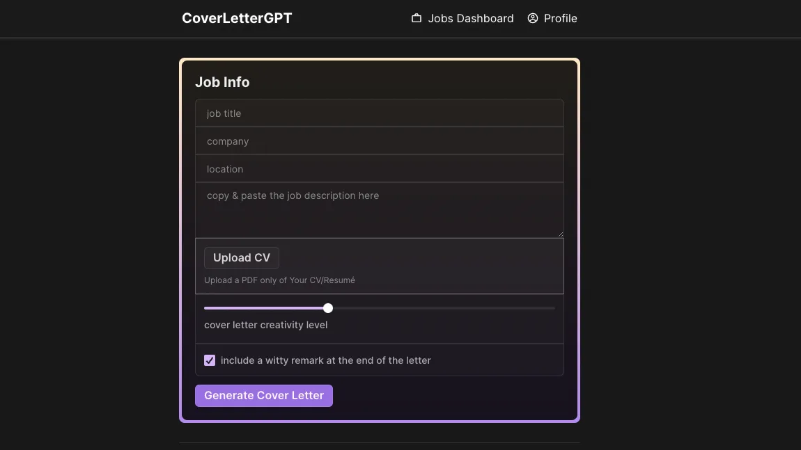 Preview of CoverLetterGPT